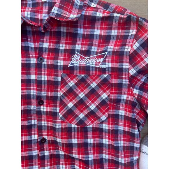 Budweiser Men's Button Down Shirt Size Medium Causal Short Sleeve Plaid Red - Picture 3 of 9